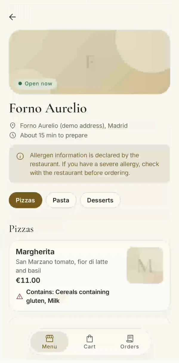 Forno Aurelio menu with the general allergen notice