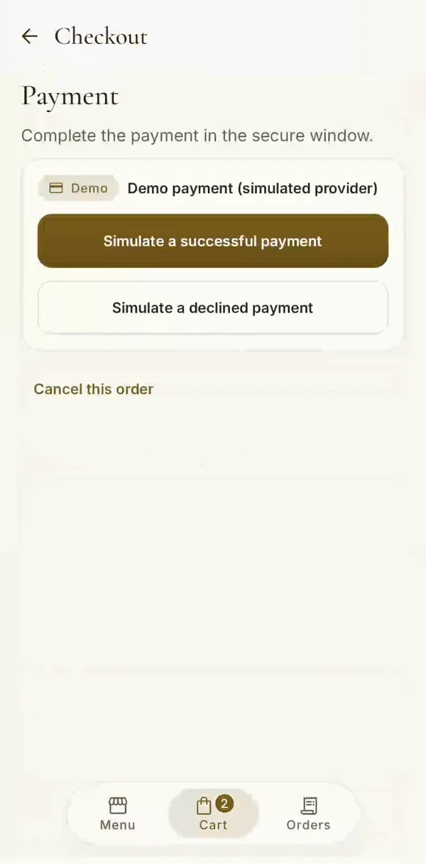 Payment screen with a demo provider