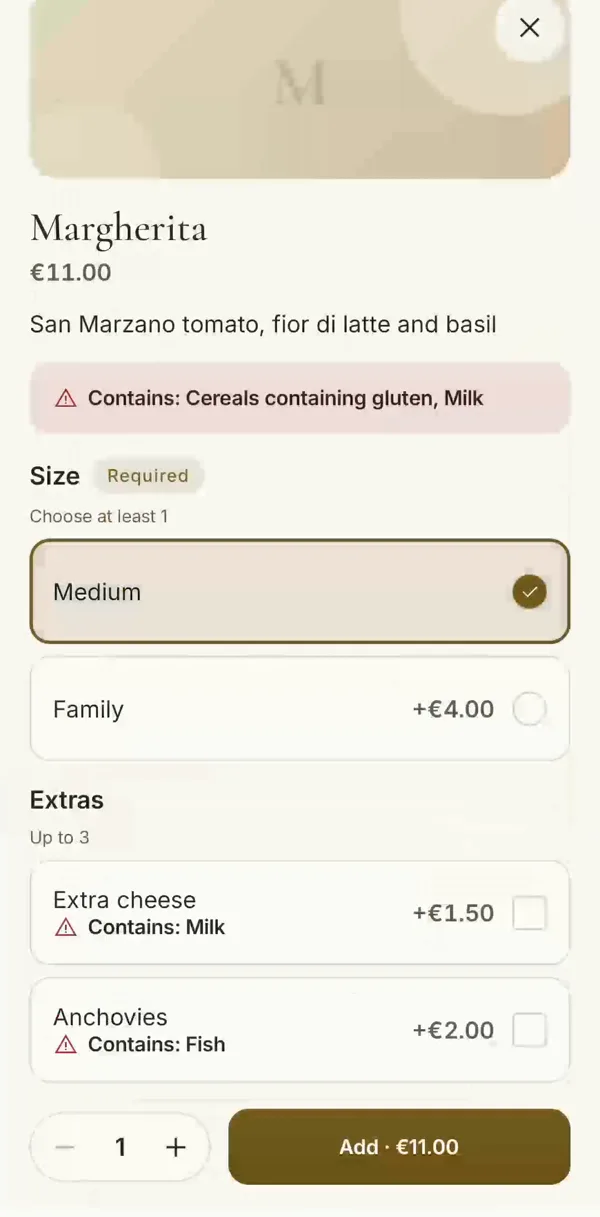 Margherita dish with size options, extras and allergens
