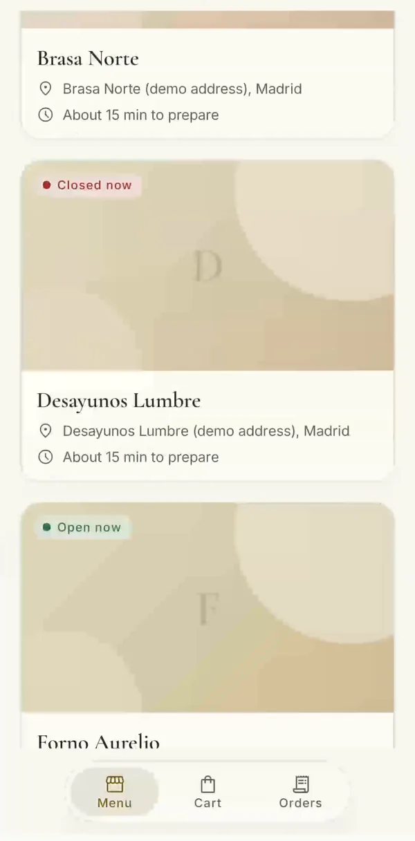 Restaurant list showing open or closed status